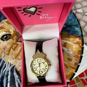 Betsey Johnson Gold Crown watch with black band